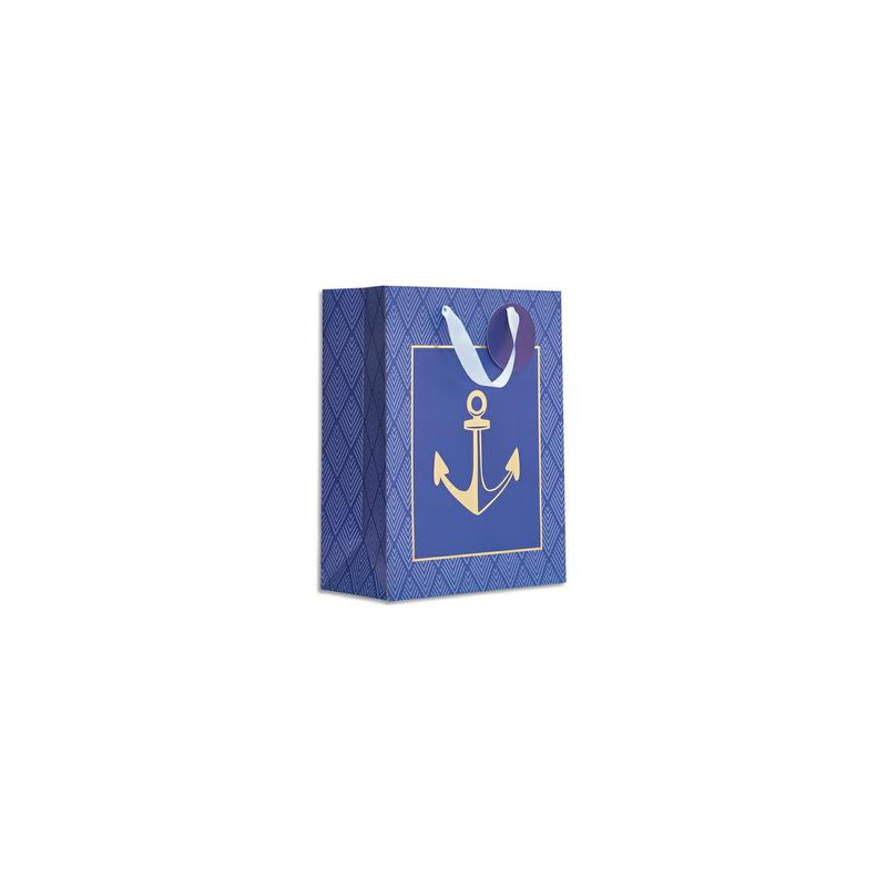 DRAEGER Sac cadeau papier grand format L26XH33cm Bleu Marine Ancre. Finition or à chaud.Poignées ruban