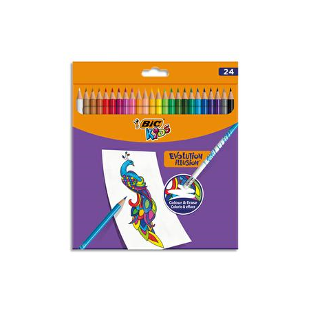 BIC Pochette de 24 Crayons de couleur Kids Evolution Illusion corps rond assortis, effaçable bout gomme