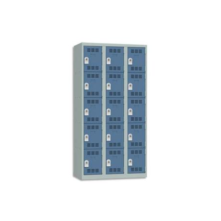 PIERRE HENRY Vestiaire 5 Cases + 3 Colonnes - Dimensions : L90 x H180 x P50 cm Gris perle Bleu