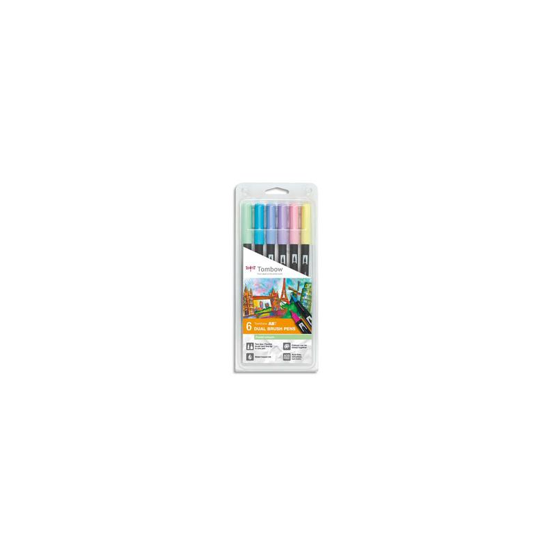 TOMBOW Boîte 6 feutres ABT double pointe (pinceau+fine), assortis couleurs pastels
