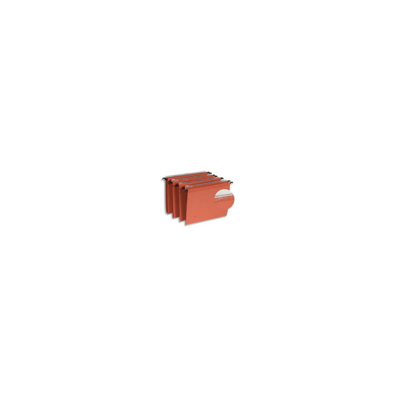 Boîte de 25 dossiers suspendus TIROIR en kraft 210g. Fond 30mm, volet agrafage. Orange.