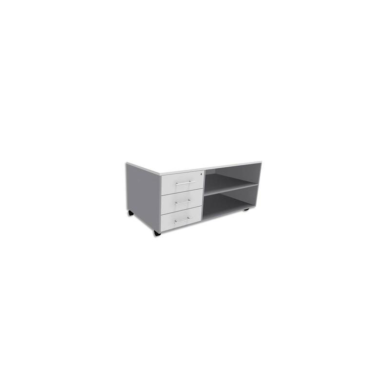 SIMMOB Console mobile + caisson 3 tiroirs + plumier EXPRIM - L120 x H63 x P60 cm Blanc perle aluminium