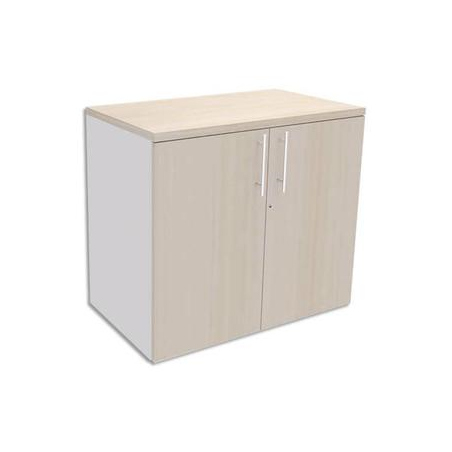 SIMMOB Armoire Basse Blanc perle 1 tablette, avec porte et top Chêne clair INEO - Dim L80 x H72 x P47 cm