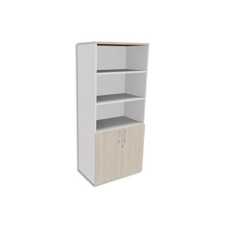 SIMMOB Bibliothèque Haute Blanc perle porte basse, top Chêne clair INEO - Dim : L80 x H180 x P47 cm