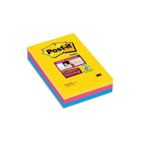 POST-IT Lot de 3 blocs 90 feuilles Super Sticky Rio lignées 101x152 mm, Jaune néon, Fuchsia, méditerranée