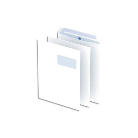OXFORD Boîte de 250 pochettes Blanches auto-adhésives 100g format C4 229x324 mm avec fenêtre 55x100 mm