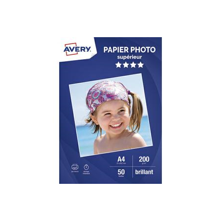 AVERY Boîte de 50 feuilles de papier photo brillant A4, Jet d'encre, 200g/m²