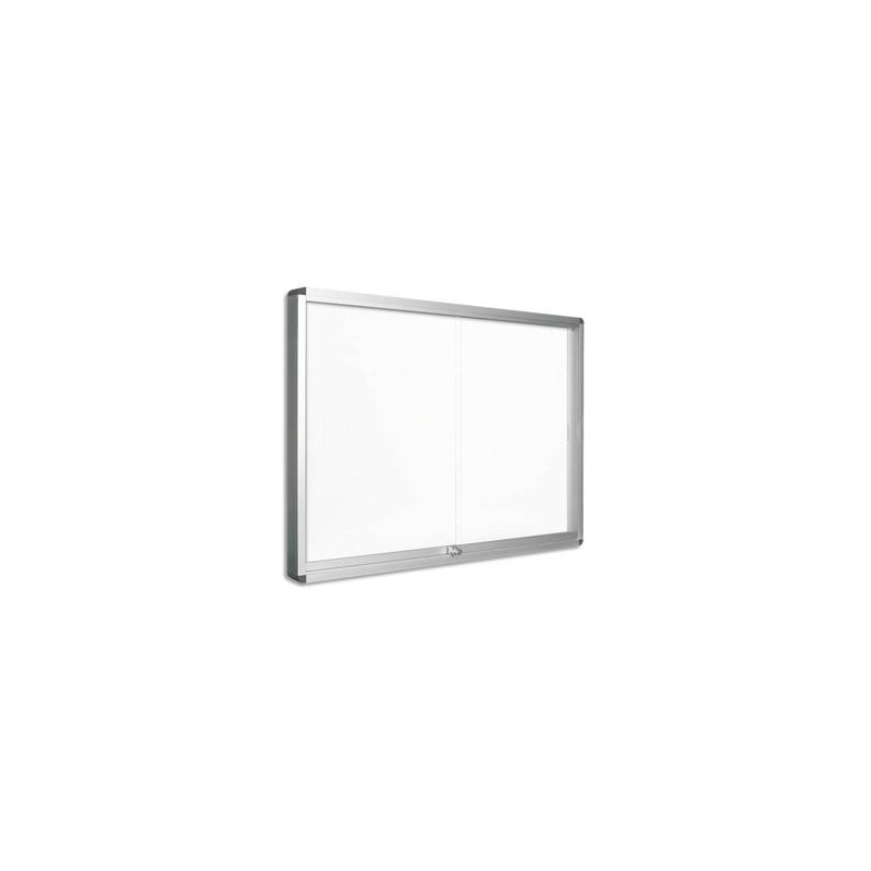 PERGAMY Vitrine d'intérieur fond magnétique laqué Blanc, portes coulissantes, cadre alu - 18 feuilles A4