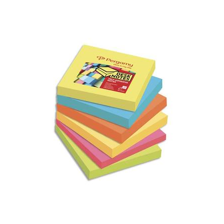 PERGAMY Lot de 6 blocs de 100 feuilles repositionnables accordéon dimensions 7,6x7,6cm. Coloris assortis