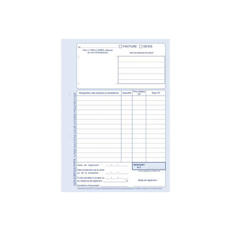 ELVE Manifold auto entrepreneur autocopiant factures format 210x297mm. 40 feuillets dupli