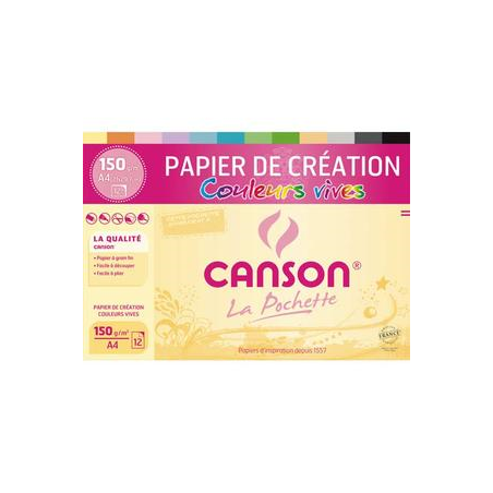 CANSON Pochette 12 feuilles papier couleur CREATION 150g 21x29,7cm. Assortiment de couleurs vives