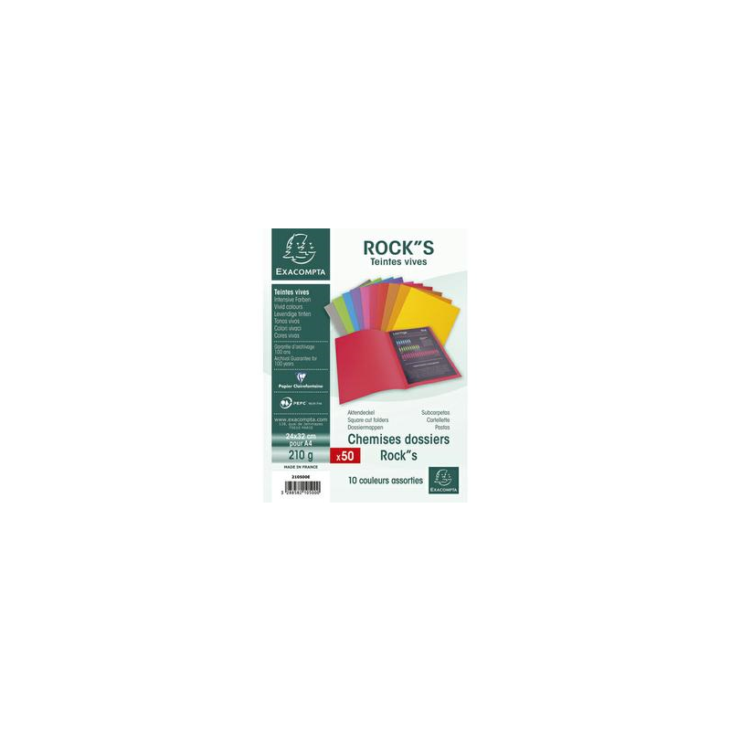 EXACOMPTA Paquet de 50 chemises ROCK'S en carte 210 grammes coloris assortis