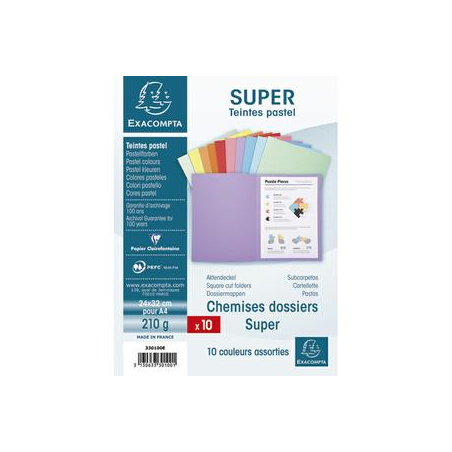 EXACOMPTA Paquet de 10 chemises SUPER 250 en carte 210 grammes coloris assortis