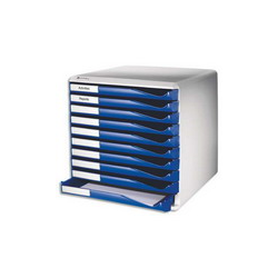 LEITZ Bloc de classement 10 tiroirs - Structure Grise/Tiroirs Bleus - L28,7 x H29 x P35,5cm