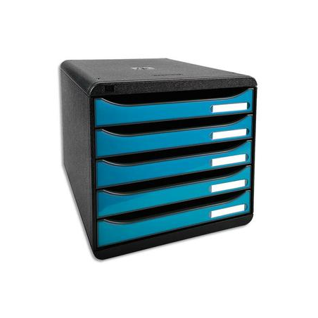 EXACOMPTA Module de classement 5 tiroirs. Coloris Noir/Turquoise glossy. Dim : L27,8 x H26,7 x P34,7 cm.