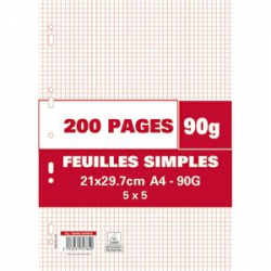 Sachet de 200 pages copies simples grand format A4 petits carreaux 5x5 90g perforées
