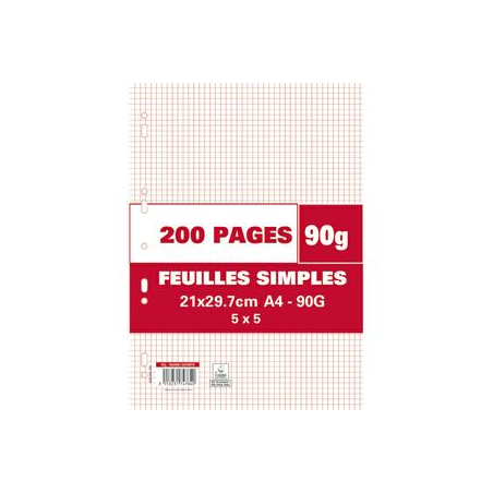 Sachet de 200 pages copies simples grand format A4 petits carreaux 5x5 90g perforées