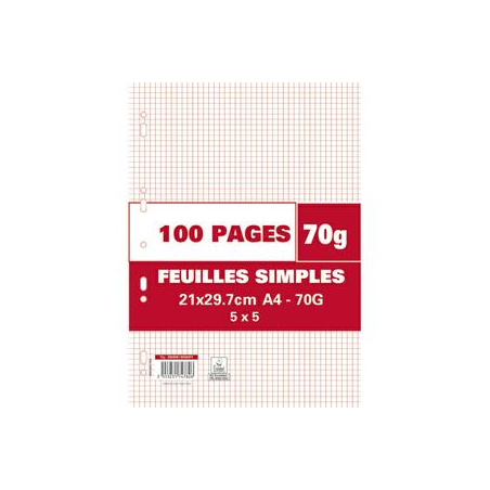 Sachet de 100 pages copies simples grand format A4 petits carreaux 5x5 70g perforées