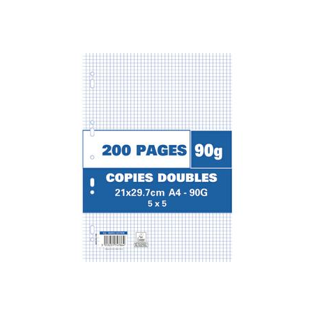 Sachet de 200 pages copies doubles grand format A4 petits carreaux 5x5 90g perforées