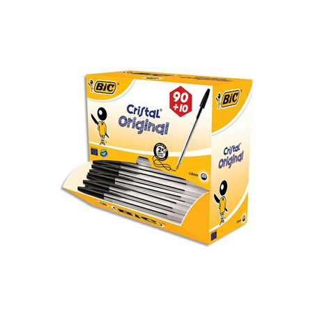 BIC Pack 90 stylos bille Cristal Noir + 10 offerts. Pointe moyenne.