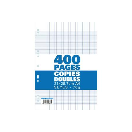 Sachet de 400 pages copies doubles grand format A4 grands carreaux Séyès 70g perforées