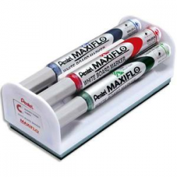 MAXIFLO Kit brosse magnétique équipée de 4 marqueurs pour tableau Blanc assortis pointe conique moyenne