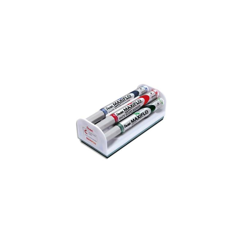 MAXIFLO Kit brosse magnétique équipée de 4 marqueurs pour tableau Blanc assortis pointe conique moyenne