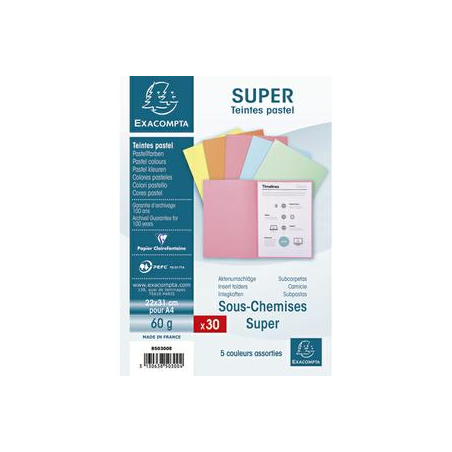 EXACOMPTA Paquet de 30 sous-chemises SUPER 60 en carte 60 grammes coloris assortis pastels