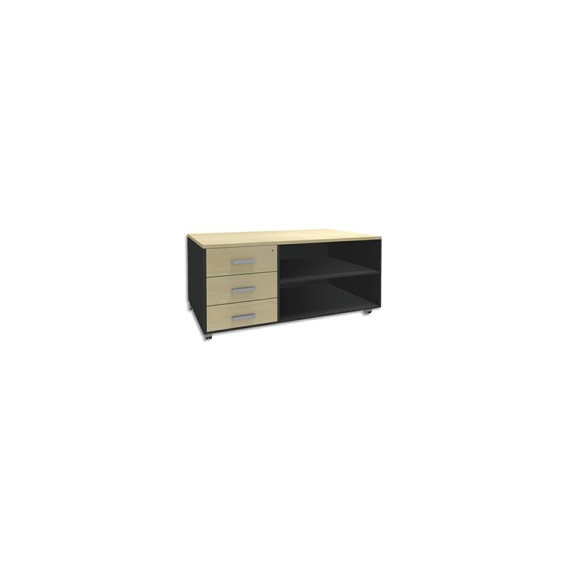 SIMMOB Console mobile 3 tiroirs Steely Erable carbone en bois - Dimensions : L120 x H63 x P60 cm