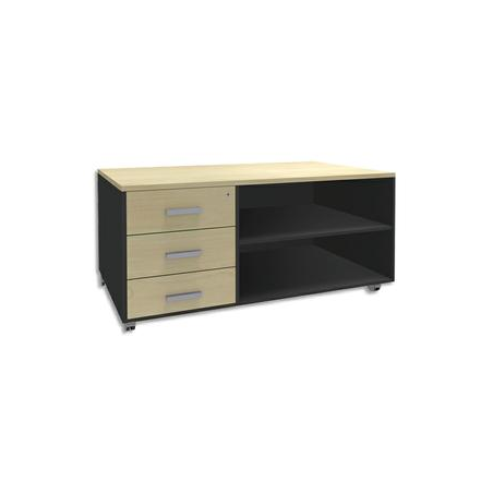 SIMMOB Console mobile 3 tiroirs Steely Erable carbone en bois - Dimensions : L120 x H63 x P60 cm