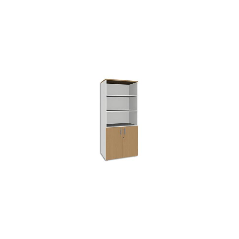 SIMMOB Bibliothèque 2 portes basses Steely Hêtre pieds Blancs en bois - Dimensions : L80 x H180 x P47 cm