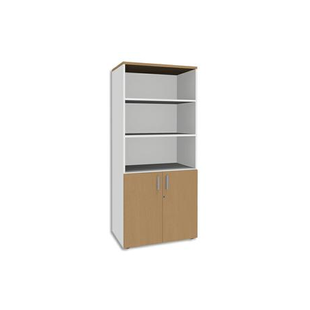 SIMMOB Bibliothèque 2 portes basses Steely Hêtre pieds Blancs en bois - Dimensions : L80 x H180 x P47 cm