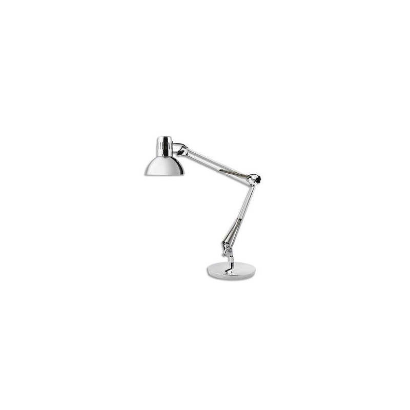 ALBA Lampe led Architecte métal chromée, pince étau + ampoule. Tête D16,5 cm, bras 42+39 cm, socle D20 cm