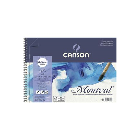 CANSON Album spiralé 12 feuilles papier aquarelle MONTVAL, A4, 300G, grain fin Blanc naturel