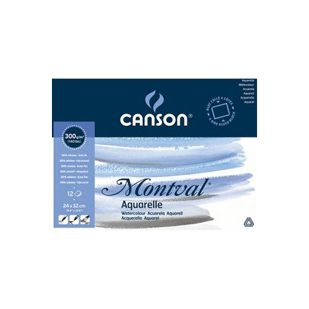 CANSON Bloc 12 feuilles papier aquarelle MONTVAL, collées 4 côtés, 24x32, 300G, grain fin Blanc naturel