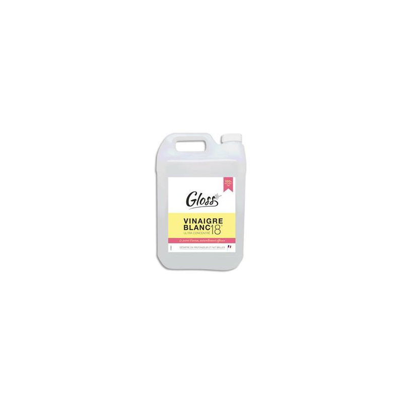 GLOSS Bidon 5 Litres Vinaigre Blanc liquide, détartre, fait briller, concentration 18 degrés, sans parfum