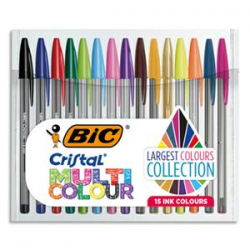 BIC Pack rigide de 15 stylos bille Cristal Multicolor. Ass Fantaisies/Pte large + Classiques/Pte medium