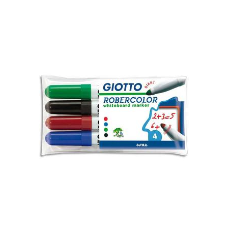 GIOTTO Pochette 4 marqueurs effaçables pointe ogive 7mm, Bleu, Rouge, Noir, Vert. Odeur neutre.