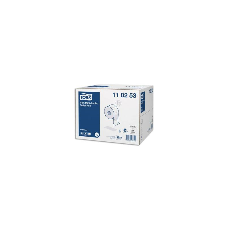 TORK Colis de 12 Bobines Papier toilette Mini Jumbo Premium doux 2 plis L170 m x D18 cm Blanc logo Bleu
