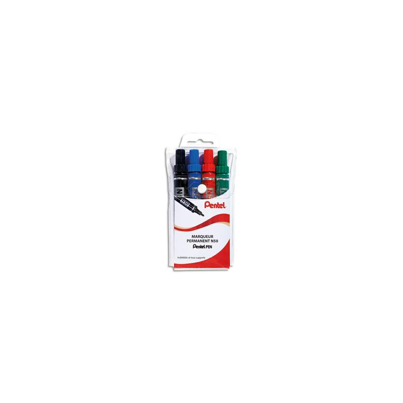 PENTEL Pochette de 4 Marqueurs permanent N50 Pointe ogive - Assortis Noir, Bleu, Rouge, Vert