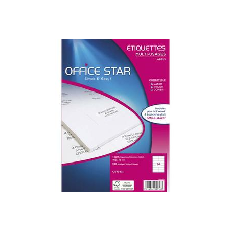 OFFICE STAR Boîte de 1600 étiquettes multi-usage Blanches 99,1 x 33,9 mm OS43436