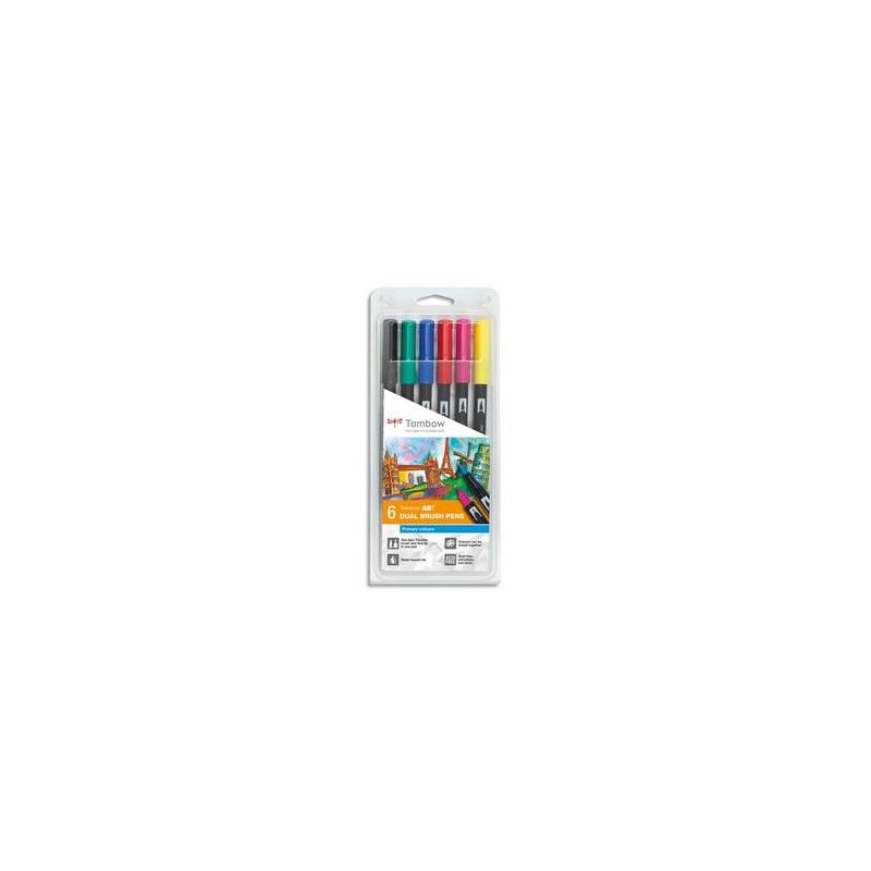 TOMBOW Boîte 6 feutres ABT double pointe (pinceau+fine), assortis couleurs primaires