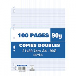 Sachet de 100 pages copies doubles grand format A4 grands carreaux Séyès 90g perforées
