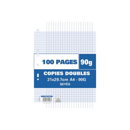 Sachet de 100 pages copies doubles grand format A4 grands carreaux Séyès 90g perforées