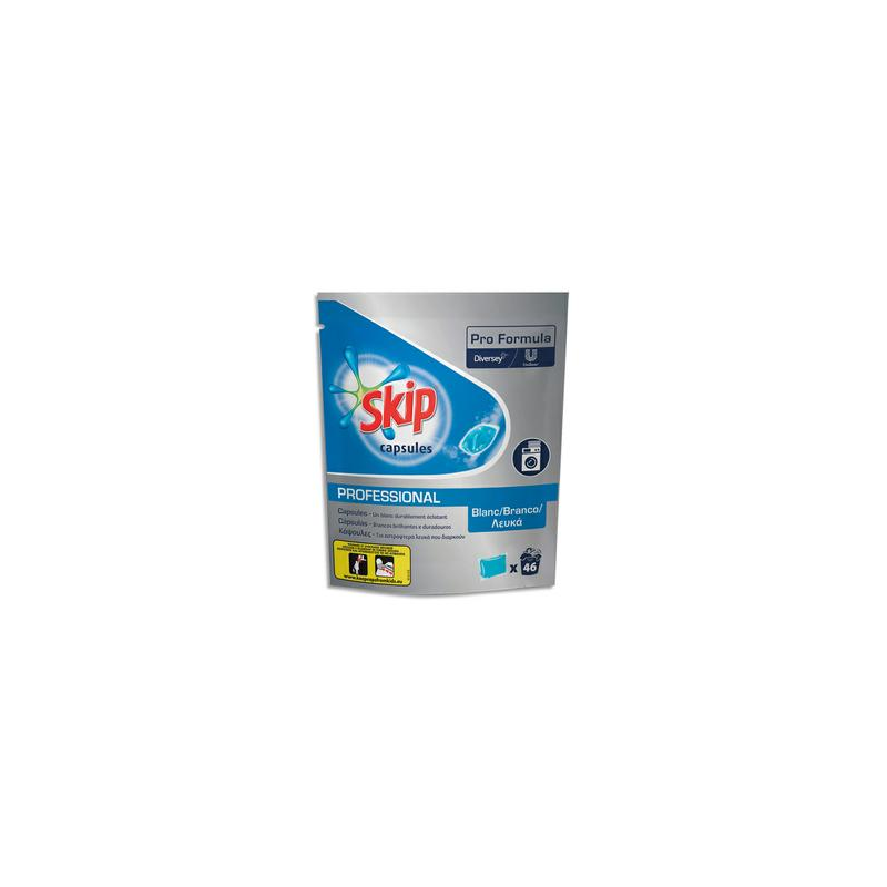 SKIP Carton de 184 capsules de Lessive liquide pour linge Blanc dans 4 Sachets refermables de 46 dosettes