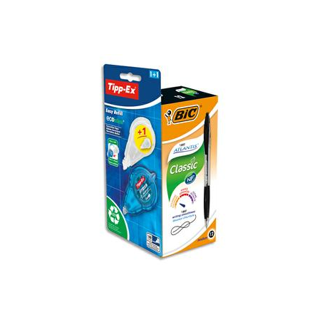 BIC Pack de 12 bille Atlantis pointe moyenne Bleue + 1 Roller de correction Easy Refill 5 mm x 14 m