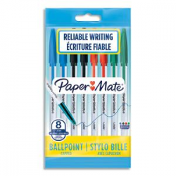 PAPERMATE Sachet de 8 stylos bille 045 à capuchon pointe moyenne 0,7 mm. Assortis standard.